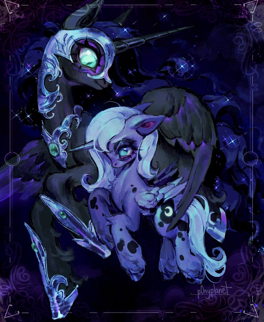 p0nyplanet, nightmare moon, princess luna, princess luna (young), my little  pony, my little pony: friendship is magic, commentary, english commentary,  highres, age difference, animal, animal focus, aqua eyes, armor, blue hair,  crescent,, image size:850x1037