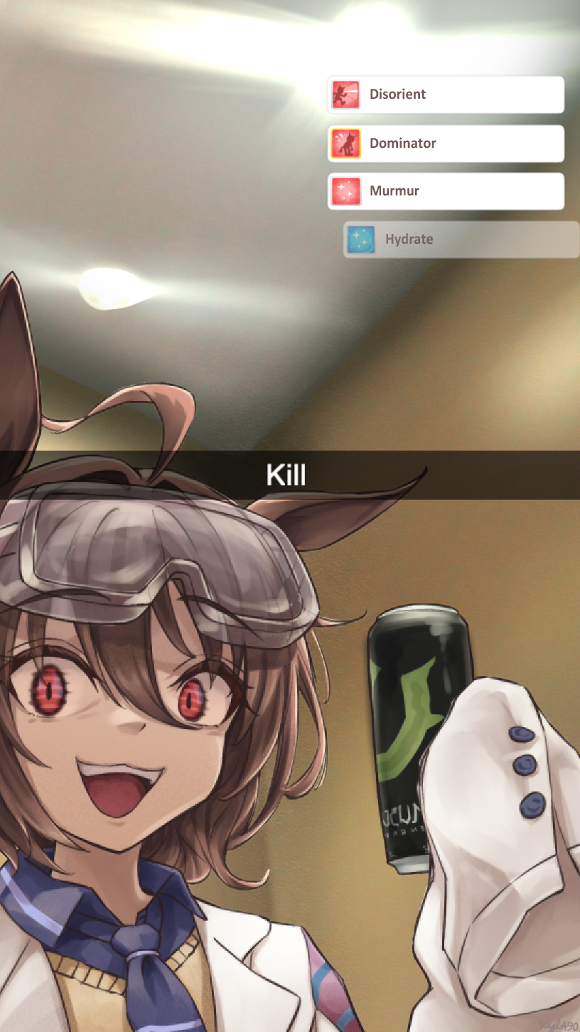 1girl agnes_tachyon_(tach-nology)_(umamusume) agnes_tachyon_(umamusume) ahoge animal_ears black_necktie brand_name_imitation brown_hair can ceiling_light coat collared_shirt drink_can hair_between_eyes hand_up highres holding holding_can horse_ears horse_girl kyl490 lab_coat long_sleeves looking_at_viewer monster_energy necktie open_mouth red_eyes selfie shirt short_hair short_necktie sleeves_past_fingers sleeves_past_wrists solo teeth upper_teeth_only white_coat