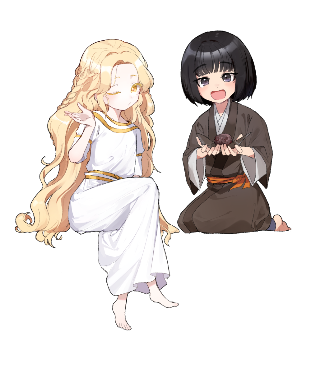 2boys androgynous barefoot black_eyes black_hair black_haori blonde_hair charles_(gu599) closed_mouth commentary_request company_connection dress elden_ring food fromsoftware haori highres holding holding_food japanese_clothes korean_commentary kuro_the_divine_heir long_hair looking_at_viewer male_focus miquella_(elden_ring) multiple_boys one_eye_closed onigiri sekiro:_shadows_die_twice short_hair simple_background sitting toes trap very_long_hair wavy_hair white_background white_dress yellow_eyes