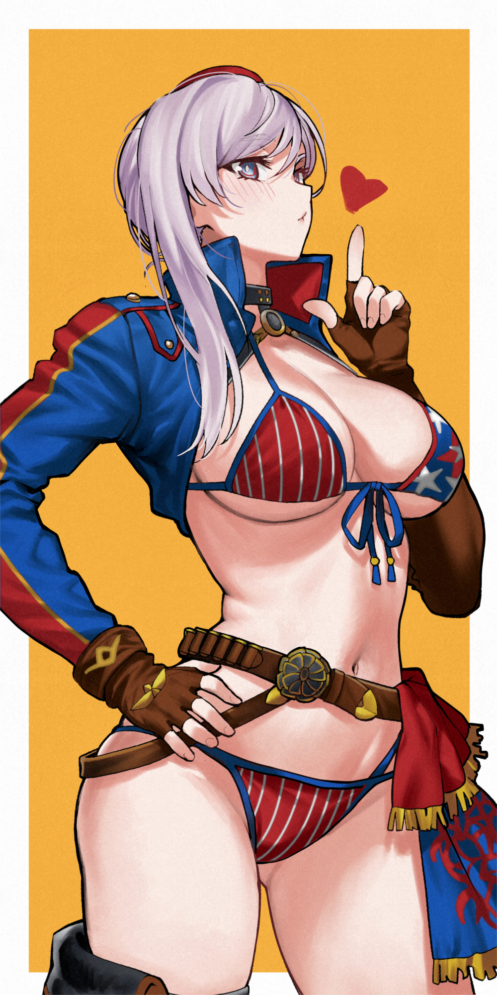 1girl american_flag american_flag_bikini american_flag_print asymmetrical_hair bikini blue_eyes blush breasts cleavage commentary fate/grand_order fate_(series) fingerless_gloves flag_print flag_print_bikini gloves hand_on_own_hip heart highres kamisato_sora large_breasts looking_at_viewer medium_hair miyamoto_musashi_(fate) miyamoto_musashi_(fate/grand_order) miyamoto_musashi_(swimsuit_berserker)_(fate) navel orange_background print_bikini print_swimsuit simple_background solo swimsuit symbol-only_commentary