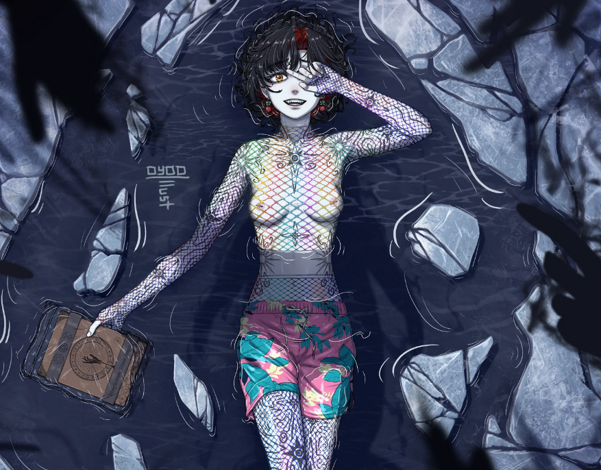 1girl arm_tattoo artist_name black_hair book breasts breasts_out chest_tattoo colored_skin cowboy_shot fishnets game_character hair_ornament hand_on_face_ holding holding_book leg_tattoo lying lying_on_water male_swimwear messy_hair night oc_x_canon on_back one_eye_covered orange_eyes oyoo_13 partially_naked partially_submerged pink_shorts red_earrings rock short_hair shorts skinny small_breasts stomach_tattoo swim_trunks tattoo vampire vampire:_the_masquerade_-_bloodlines water_background white_skin world_of_darkness