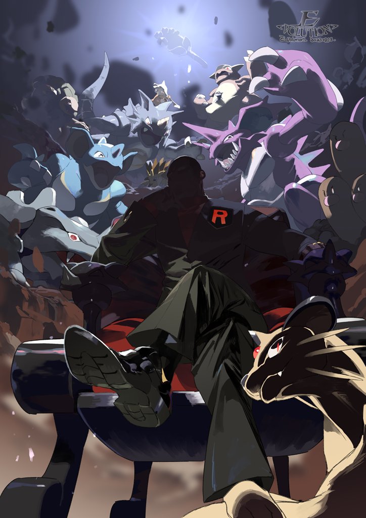 1boy armchair artist_name chair crossed_legs dugtrio e_volution earth_badge from_below gen_1_pokemon giovanni_(pokemon) hand_up head_rest jacket kangaskhan logo male_focus marowak nidoking nidoqueen nintendo pants persian pokemon pokemon_(creature) pokemon_lgpe rhydon rhyhorn shirt shoes sitting socks team_rocket