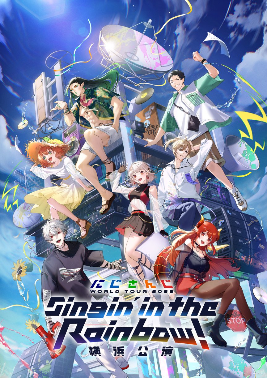 3girls 4boys :d abs ankle_boots anklet arm_up black_boots black_choker black_gloves black_hair black_shirt black_skirt blowing_kiss blue_sky boombox boots bracelet brown_eyes brown_pantyhose brown_sandals brown_shorts cd choker climbing clothing_cutout cloud commentary_request copyright_name day dola_(nijisanji) dragon_girl dragon_horns dragon_tail dress earrings elu_(nijisanji) english_text fingerless_gloves floral_print_shirt gloves gradient_clothes gradient_dress gradient_hair green_eyes green_hair green_shirt grey_hair grin hair_between_eyes hanabatake_chaika hand_in_pocket hand_up hand_wraps hat high_heel_sandals highres holding holding_megaphone honma_himawari horns jacket jewelry kuzuha_(nijisanji) lens_flare long_hair long_sleeves looking_at_viewer medium_hair megaphone miniskirt mixed-language_text multicolored_hair multiple_boys multiple_bracelets multiple_girls muscular muscular_male neckerchief nijisanji off-shoulder_dress off-shoulder_shirt off_shoulder official_alternate_costume official_art open_clothes open_jacket open_mouth orange_hair orange_horns outdoors pants pantyhose pleated_skirt pointy_ears radio_antenna red_eyes red_hair red_neckerchief red_skirt red_tail riz3 sandals satellite_dish second-party_source see-through_clothes see-through_sleeves shirt shoes short_hair short_sleeves shorts shoulder_cutout sitting skirt sky smile socks speaker straw_hat sun_hat sundress t-shirt tail three-quarter_sleeves translation_request very_long_hair very_short_hair vinyl_record virtual_youtuber white_dress white_jacket white_pants white_shirt white_shoes white_shorts white_socks wide_brim yashiro_kizuku yellow_dress