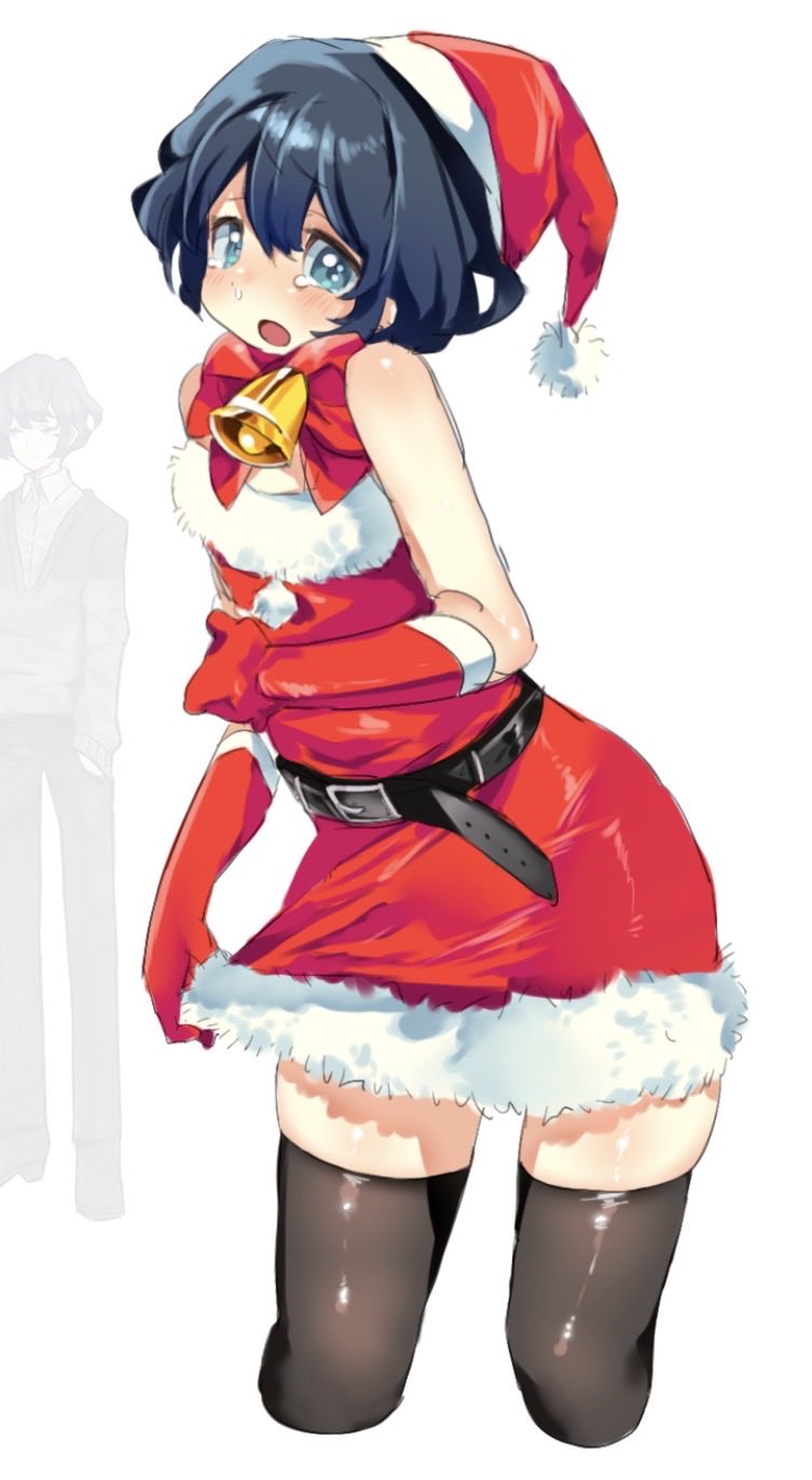 1boy bell belt black_belt blue_eyes blush bow bowtie brown_thighhighs commentary_request crossdressing crossdressing_(mtf) crying dress gloves hat highres korean_commentary library_of_ruina looking_at_viewer neck_bell open_mouth project_moon red_bow red_bowtie red_gloves red_hat santa_costume santa_dress santa_hat simple_background solo stephe666q thighhighs tommy_(project_moon) white_background