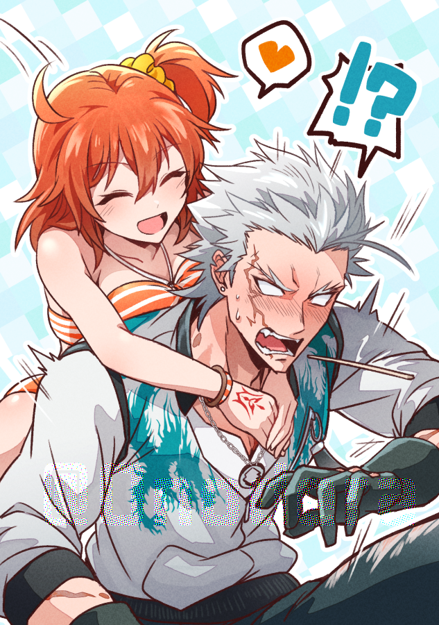 !? 0nodera 1boy 1girl ahoge bikini black_gloves bracelet closed_eyes command_spell commentary_request embarrassed fate/grand_order fate_(series) fujimaru_ritsuka_(female) gloves grey_hair hair_ornament hair_scrunchie happy heart hetero hug hug_from_behind jewelry mouth_hold nagakura_shinpachi_(fate) notched_ear one_side_up open_mouth orange_hair scar scar_on_face scrunchie speech_bubble spoken_heart spoken_interrobang stalk_in_mouth striped_bikini striped_clothes swimsuit