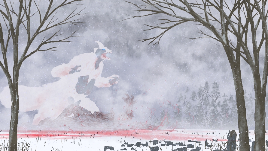 1boy 1girl bare_tree battle black_skin blood blood_on_snow blue_eyes body_fur breath_weapon claws cloud cloudy_sky colored_skin commentary day fighting forest giant giant_monster grass horns kaette_kita_ultraman kaiju nature no_humans on_ground open_mouth outdoors perori_(peroringa) rock scene_reference sharp_teeth single_horn sky snow snowgon tail teeth tree ultra_series ultraman_jack white_fur