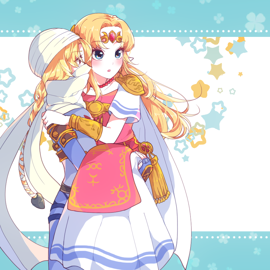 2girls androgynous bandages blonde_hair bracer braid carrying circlet dark_skin dark-skinned_female dual_persona earrings forehead_jewel hat indisk_irio jewelry long_hair mask multiple_girls nintendo pointy_ears princess_carry princess_zelda reverse_trap sheik super_smash_bros. surcoat the_legend_of_zelda the_legend_of_zelda:_a_link_between_worlds the_legend_of_zelda:_breath_of_the_wild the_legend_of_zelda:_ocarina_of_time tiara triforce tunic turban