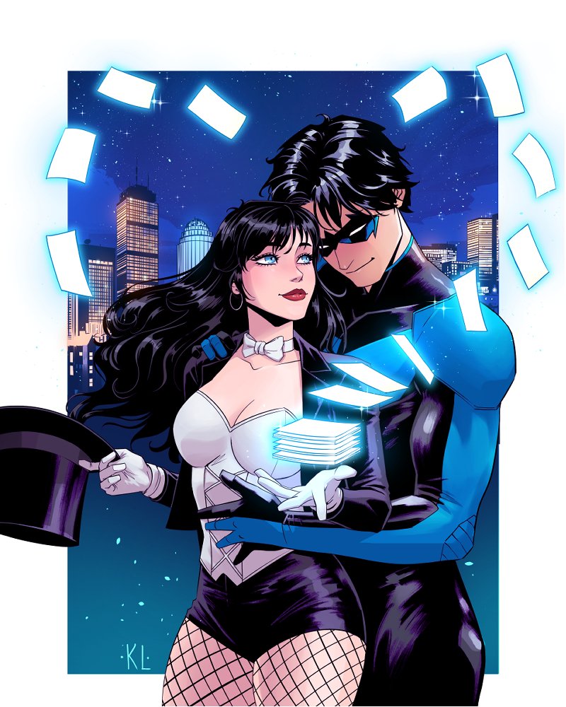 1boy 1girl batman_(series) black_bodysuit black_hair black_hat black_jacket black_mask blue_bodysuit blue_eyes blue_mask bodysuit border bow bowtie breasts building city cityscape cleavage closed_mouth collarbone commission corset couple dc_comics dick_grayson earrings fishnet_pantyhose fishnets floating_hair gloves half-closed_eyes hands_up hat head_down heart hetero hoop_earrings hug hug_from_behind jacket jewelry kath_lobo lips lipstick long_hair long_sleeves looking_at_another looking_back makeup mask medium_breasts multicolored_bodysuit neck night nightwing outside_border pantyhose paper red_lips short_hair skin_tight sky smile standing star_(sky) starry_sky straight_hair strapless superhero_costume top_hat unworn_hat unworn_headwear white_border white_bow white_bowtie white_corset white_gloves young_justice zatanna_zatara