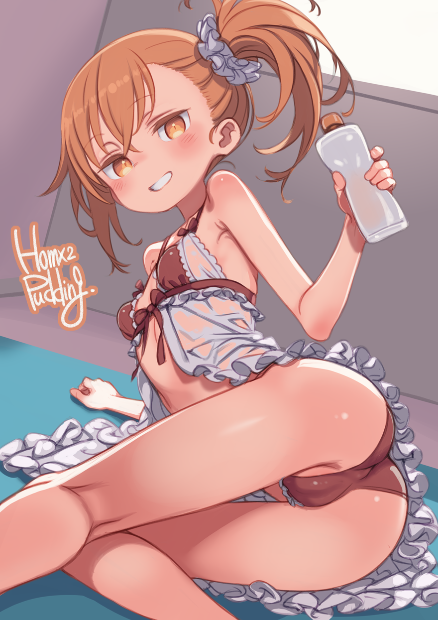 1girl artist_name ass babydoll bottle breasts brown_hair grin highres holding holding_bottle loli looking_at_viewer lying misogi_(princess_connect!) paid_reward_available panties princess_connect! puddinghomhom red_panties side_ponytail small_breasts smile solo underwear