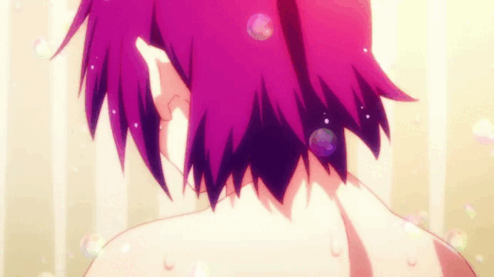 animated animated_gif anime_screenshot ass breasts completely_nude medium_breasts monogatari_(series) nekomonogatari nekomonogatari_white non-web_source nude purple_hair senjougahara_hitagi shiny_skin short_hair shower_curtain showering soap_bubbles standing wet