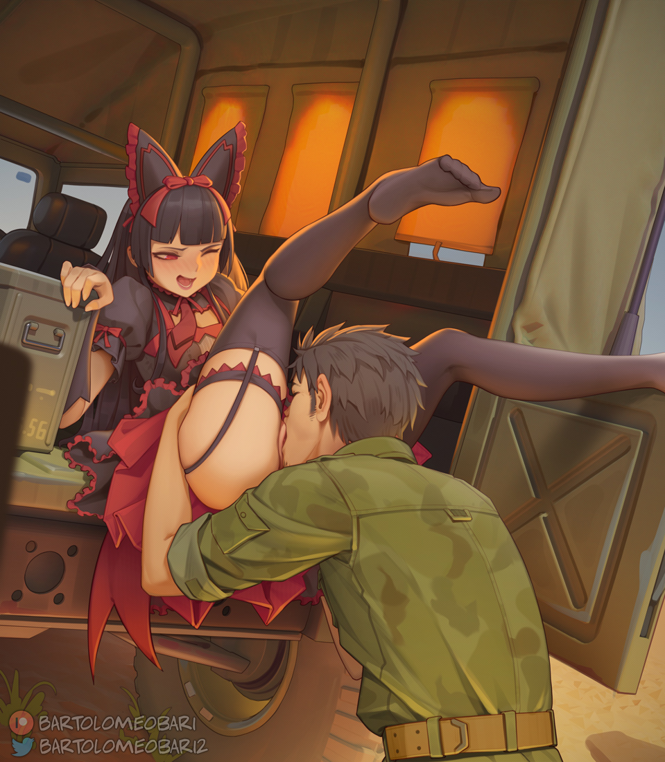 1boy 1girl 2021 bartolomeobari belt black_hair black_thighhighs bow camouflage camouflage_jacket couple cunnilingus dress garter_straps gate_-_jieitai_ka_no_chi_nite_kaku_tatakaeri hair_bow hetero itami_youji jacket military military_fatigues military_truck military_uniform military_vehicle motor_vehicle no_panties one_eye_closed open_mouth oral pussy red_eyes rory_mercury smile thighhighs truck twitter_logo uncensored