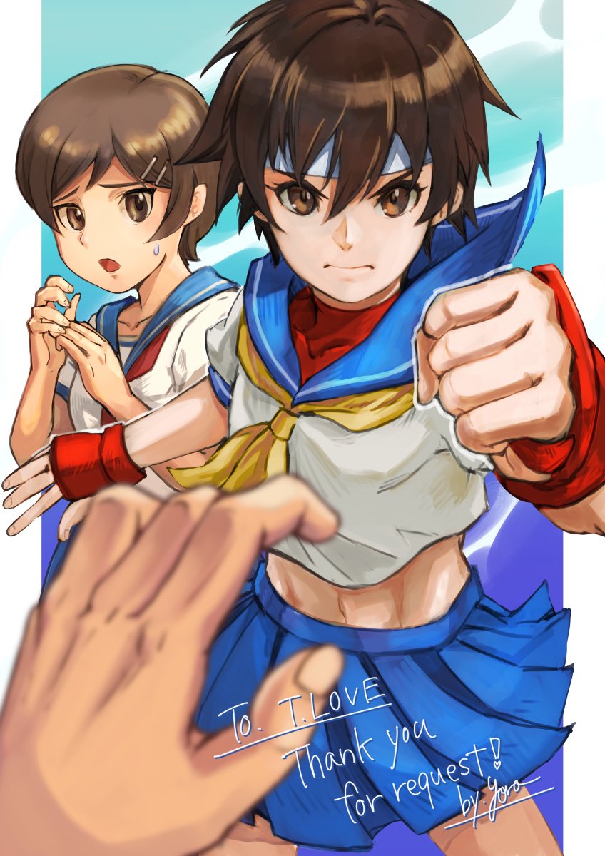 1other 2girls artist_request blue_sailor_collar blue_skirt brown_eyes brown_hair capcom chitose_kei english_text fingerless_gloves gloves hair_between_eyes hair_ornament hairclip headband highres kasugano_sakura matching_hair/eyes multiple_girls navel neckerchief pleated_skirt red_gloves sailor_collar scared school_uniform serafuku serious short_hair skirt street_fighter street_fighter_zero_(series) sweatdrop white_headband yellow_neckerchief