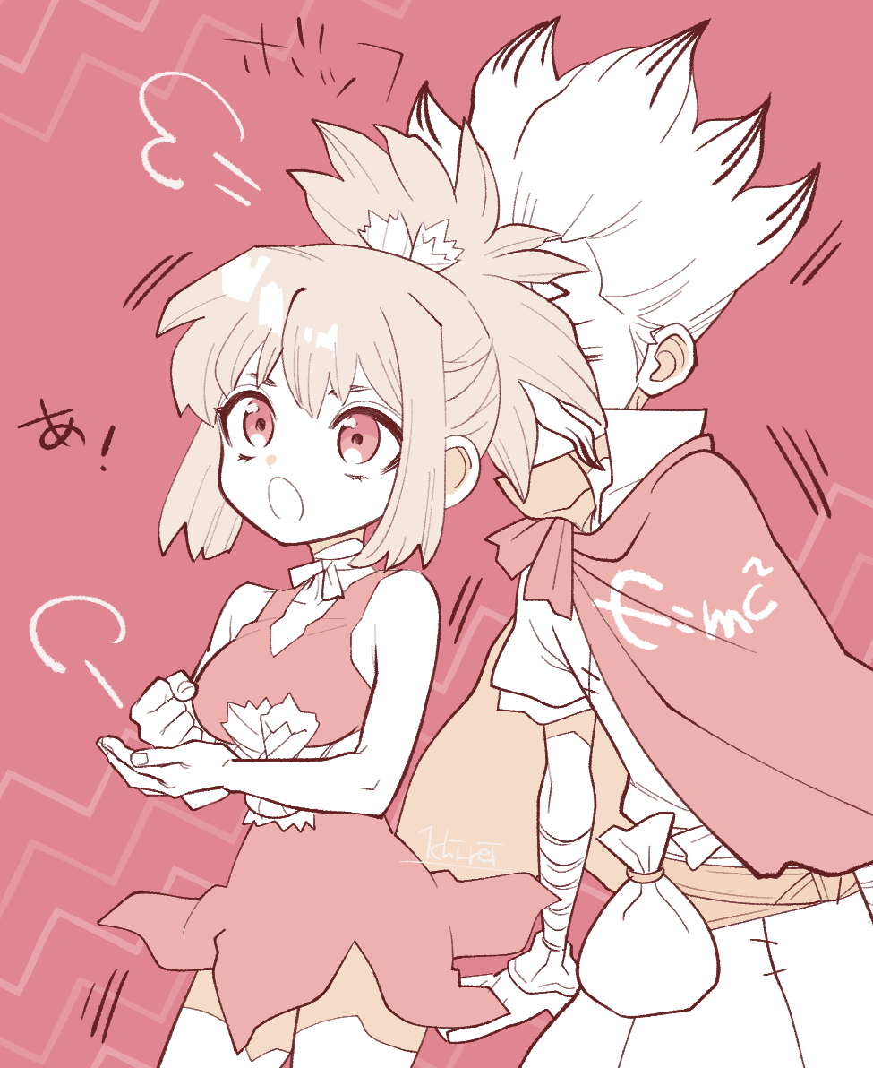 1boy 1girl bandaged_arm bandages blonde_hair breasts cape choker clenched_hand closed_eyes commentary_request dr._stone dress e=mc2_(equation) facial_mark from_side ishigami_senkuu kohaku_(dr._stone) large_breasts long_hair monochrome ninomae_gin open_mouth ponytail red_background red_dress ribbon_choker rope rope_around_waist short_dress sidelocks signature simple_background sleeveless sleeveless_dress spiked_hair thinking white_choker white_rope