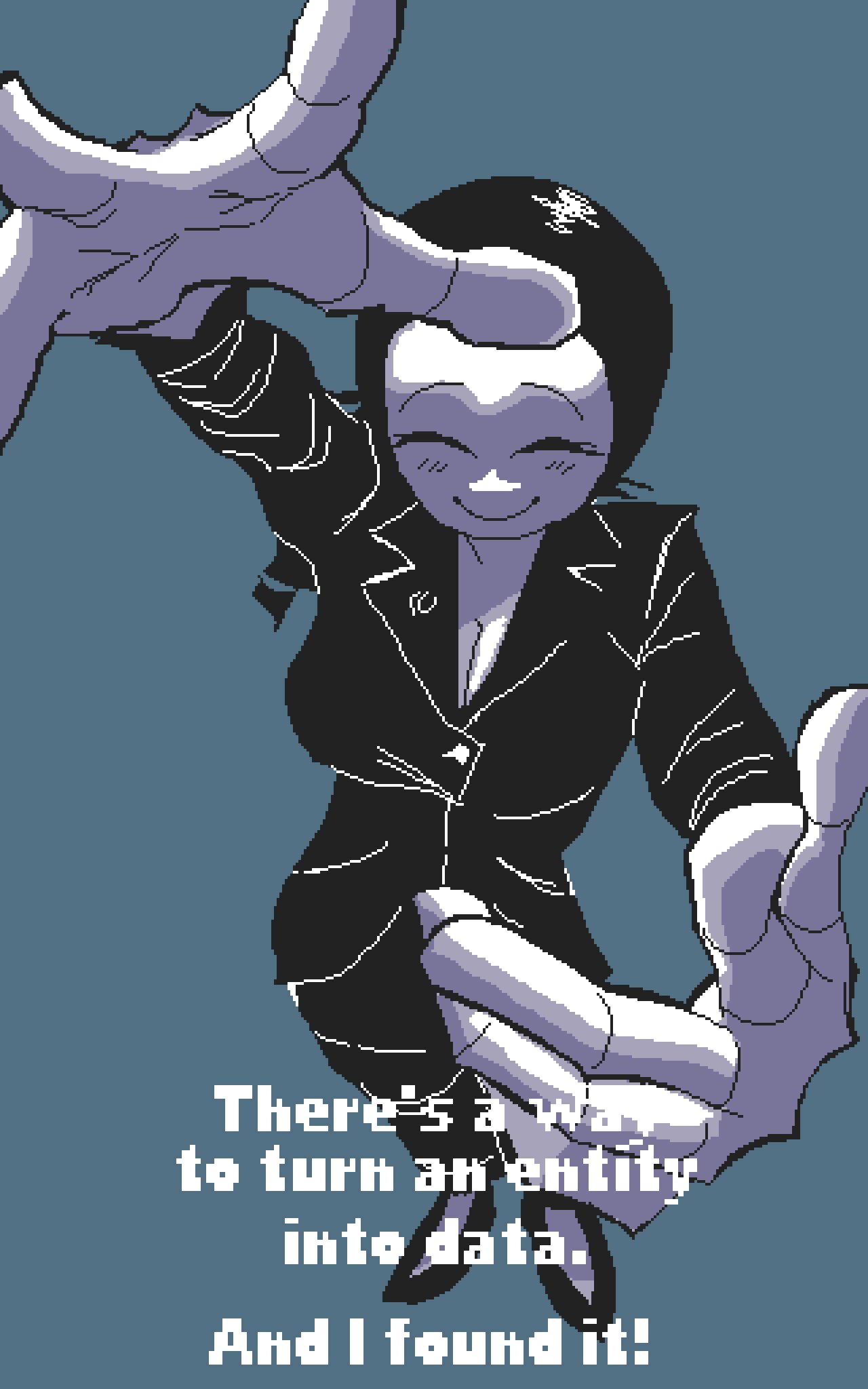 1girl artist_name black_hair blue_background blush breasts buttons closed_eyes closed_mouth drill_hair drill_ponytail faceless female female_focus formal_clothes fourth_wall greyscale grin imscared jacket lapels monochrome restorer_(imscared) slip-on_shoes smile suit suit_jacket text_focus text_print tobby