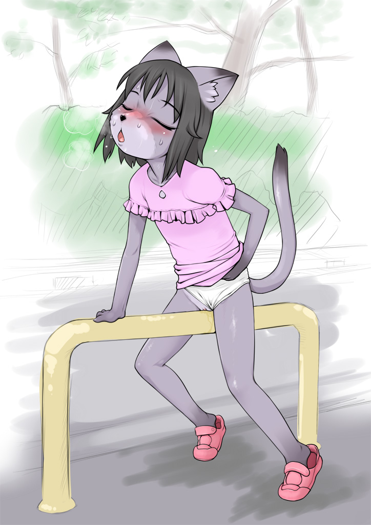 1girl animal animal_ears black_hair blush breath cat cat_ears cat_girl cat_tail closed_eyes clothes_lift clothing_aside collarbone crotch_rub dress dress_lift flat_chest furry grass grey_fur horizontal_bar j7w loli masturbation open_mouth original panties panties_aside pink_shoes puff_of_air purple_dress pussy pussy_juice rorikemo shoes short_hair short_sleeves standing sweat tail tree underwear white_panties