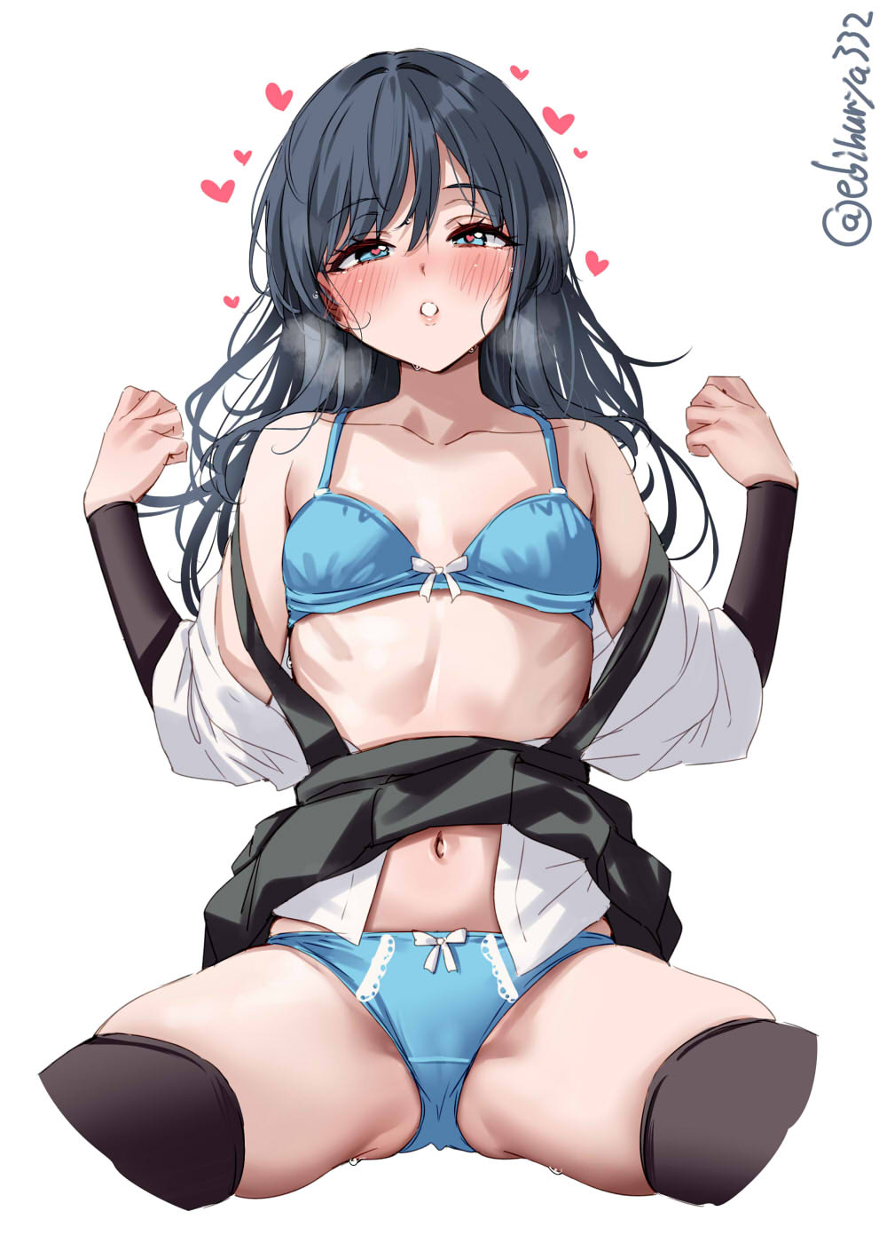 1girl asashio_(kancolle) bare_shoulders black_hair black_skirt blue_bra blue_eyes blue_panties blush bow bow_bra bow_panties bra breasts clothes_lift collarbone commentary_request cropped_legs ebifurya hands_up heart heart-shaped_pupils heavy_breathing highres kantai_collection long_hair looking_at_viewer navel off_shoulder one-hour_drawing_challenge open_clothes open_shirt panties pleated_skirt ribs shirt short_sleeves simple_background skirt skirt_lift small_breasts solo spread_legs suspender_skirt suspenders symbol-shaped_pupils twitter_username underwear white_background white_shirt