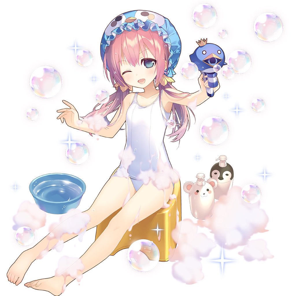 1girl adelina_blue aqua_eyes armpits chair long_hair low_twintails on_chair one-piece_swimsuit one_eye_closed open_mouth pink_hair shampoo_bottle shampoo_hat sidelocks sitting smile soap_bubbles swimsuit twintails uchi_no_hime-sama_ga_ichiban_kawaii washbowl white_one-piece_swimsuit yamiya_(8_18dlq)