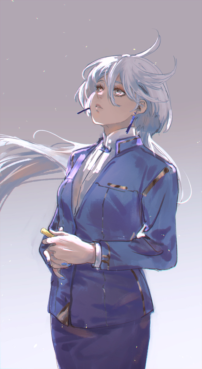 1girl blue_jacket blue_skirt commentary earrings floating_hair gradient_background grey_background grey_eyes gundam gundam_suisei_no_majo hashtag-only_commentary highres holding jacket jewelry light_particles long_hair looking_up mak_(kainemaru) miorine_rembran parted_lips shirt skirt solo white_hair white_shirt