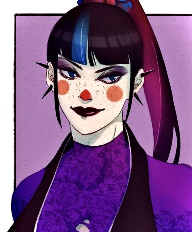 1girl artist_request black_hair black_lips blue_eyes clown clown_makeup dc_comics ear_piercing eyeshadow face_piercing freckles lip_piercing makeup multicolored_hair piercing punchline_(dc) purple_shirt red_lips red_nose shirt source_request third-party_source two-tone_hair upper_body