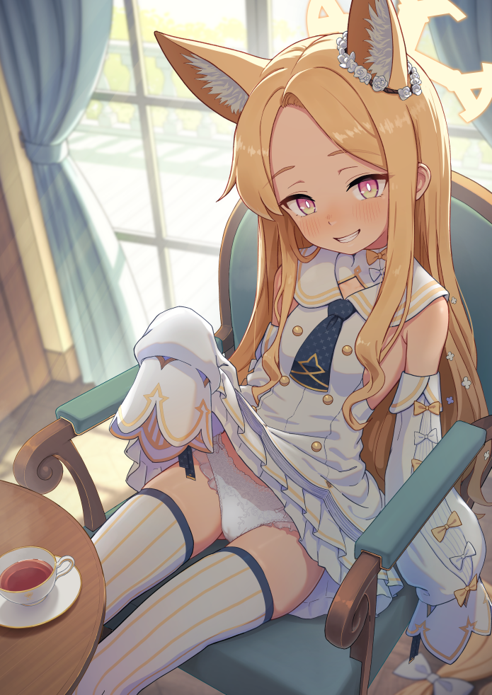 1girl animal_ears blonde_hair blue_archive chair clothes_lift commentary_request cup detached_sleeves dress fox_ears halo indoors lifting_own_clothes long_hair looking_at_viewer paid_reward_available panties seia_(blue_archive) sitting sleeves_past_wrists smile solo special_cat striped_clothes striped_thighhighs teacup thighhighs underwear vertical-striped_clothes vertical-striped_thighhighs white_dress white_panties window yellow_halo