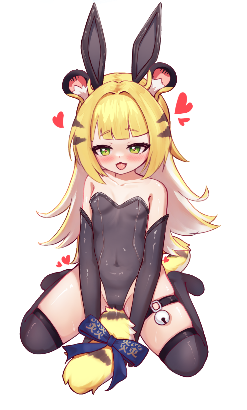 1girl animal_ear_fluff animal_ears bare_shoulders bell black_gloves black_leotard black_thighhighs blonde_hair blush breasts covered_navel duemeng elbow_gloves fake_animal_ears female_masturbation frottage gloves green_eyes heart highleg highleg_leotard highres jingle_bell ju_fufu legs_apart leotard loli long_hair masturbation no_shoes open_mouth playboy_bunny rabbit_ears ribbon sitting sitting_on_tail small_breasts smile solo strapless strapless_leotard tail tail_masturbation tail_ornament tail_ribbon thigh_strap thighhighs thighs tiger_ears tiger_girl tiger_stripes tiger_tail zenless_zone_zero