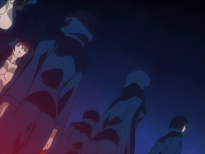 00s 1girl 2002 6+girls animated animated_gif basement bed_sheet bible_black bible_black_gaiden breasts cloak dead_animal green_hair hood kozono_nami large_breasts lipstick makeup morita_rie multiple_girls purple_eyes purple_hair red_hair ritual robe shido_saki smile summoning tagme takashiro_hiroko weapon yellow_eyes