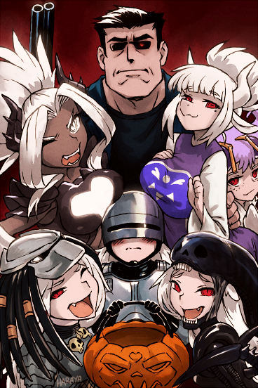 alien_(1979) alien_(series) alien_vs._predator animal_ears arm_blade armor beelzebub black_bodysuit black_gloves black_hair black_horns black_jacket bodysuit bone breasts cerberus_(helltaker) choir_outfit_(utdr) colored_skin cosplay crossover cyborg dark-skinned_female dark_skin darkstalkers darkstalkers_3 delta_rune_(symbol) delta_rune_print demon demon_girl demon_horns demon_tail dog_ears dog_girl dreadlocks fangs fishnets from_side gauntlets girls'_frontline gloves glowing glowing_eye gun halloween haraya_manawari helltaker helltaker_(character) helmet holding holding_gun holding_weapon horns jacket jaw judgement_(helltaker) large_breasts leather leather_jacket lever_action long_hair looking_at_viewer lucifer_(helltaker) mask mole mole_under_eye multiple_girls open_mouth pauldrons plasma_caster ponytail predator_(1987) predator_(character) predator_(series) q-bee q-bee_(cosplay) red_eyes robocop robocop_(character) robocop_(character)_(cosplay) science_fiction shirt short_hair shotgun shoulder_armor shoulder_cannon simple_background skeleton_costume smile spine sunglasses t-800 t-800_(cosplay) tail teeth terminator_(series) toriel toriel_(cosplay) triplets undertale utdr_(toby_fox) weapon white_eyes white_hair white_horns winchester_model_1887 wings wrist_blades xenomorph xenomorph_(cosplay)