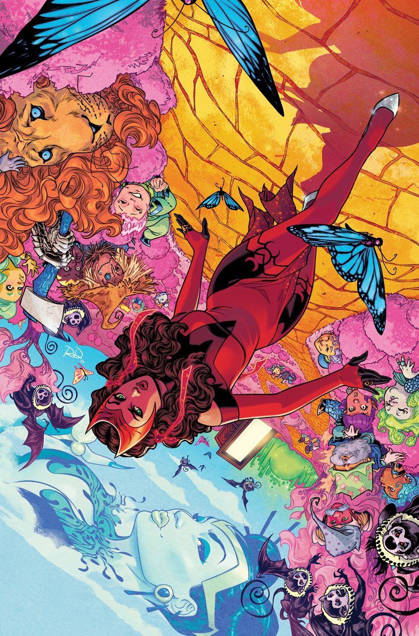 2girls 6+others avengers_(series) axe bat_wings black_leggings blue_sky breasts brown_hair bug butterfly cleavage clothing_cutout comic_cover commentary cowardly_lion creature curly_hair double_bun dress english_commentary full_body green_eyes green_hair hair_bun hair_ribbon hexfinder highres insect leggings lion looking_to_the_side low_twintails marvel multiple_girls multiple_others official_art parody pink_hair purple_hair red_dress red_lips red_ribbon red_thighhighs ribbon russell_dauterman scarecrow scarecrow_(the_wizard_of_oz) scarlet_witch shoes shoulder_cutout sky superhero_costume the_wizard_of_oz thighhighs twintails upside-down wanda_maximoff white_shoes wings yellow_brick_road