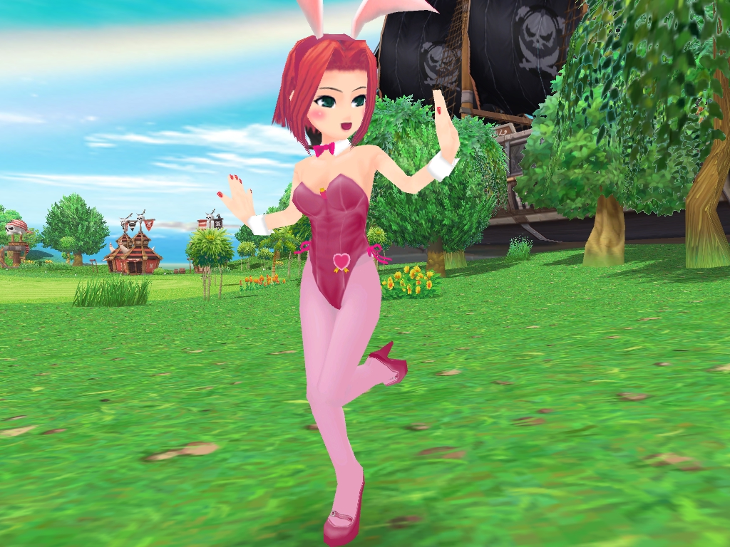 1girl 3d animal_ears arin_(pangya) breasts code_geass cosplay crossover fake_animal_ears female_focus full_body green_eyes happy high_heels kouzuki_kallen kouzuki_kallen_(cosplay) nature outdoors pangya pantyhose pink_pantyhose playboy_bunny rabbit_ears red_hair shoes short_hair sky solo third-party_edit