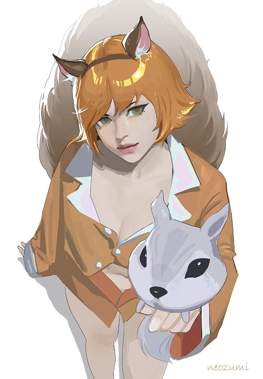1girl animal_ears body_freckles freckles green_eyes highres looking_at_viewer marvel marvel_rivals neozumi shirt short_hair solo squirrel_ears squirrel_girl squirrel_girl_(marvel) squirrel_tail tail thigh_freckles tippy-toe white_background
