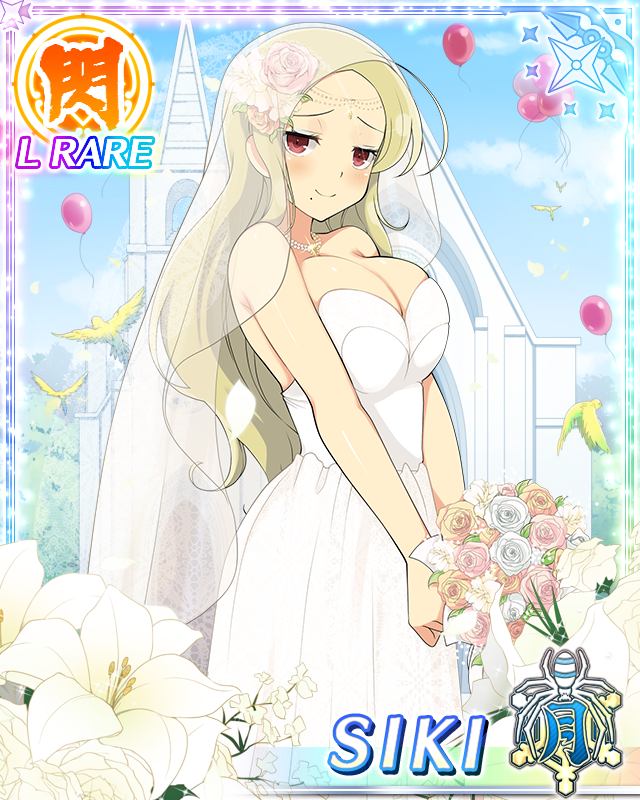 1girl balloon bird blonde_hair blush border bouquet breasts breasts_squeezed_together bridal_veil bride card_(medium) character_name church closed_mouth day dress flower game_cg hair_flower hair_ornament head_chain holding holding_bouquet jewelry large_breasts long_hair looking_at_viewer middle_part mole mole_under_mouth necklace official_art orange_flower orange_rose outdoors parted_bangs pearl_necklace pink_flower pink_rose red_eyes rose senran_kagura senran_kagura_new_wave shiki_(senran_kagura) smile solo strapless strapless_dress third-party_source veil wedding wedding_dress white_dress white_flower white_rose yellow_bird