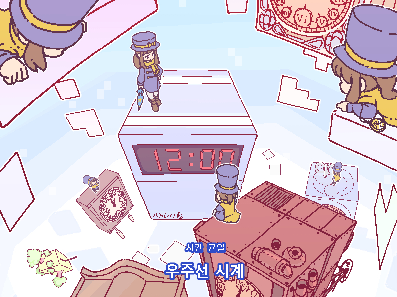 6+girls a_hat_in_time aged_up analog_clock blue_umbrella boots bow brown_boots brown_hair cape character_signature child clock clone closed_umbrella coat commentary_request digital_clock hat hat_bow hat_kid holding holding_umbrella jacket korean_commentary korean_text long_sleeves multiple_girls nahae1224 ponytail purple_coat purple_hat purple_jacket sitting standing top_hat translation_request umbrella yellow_bow yellow_cape