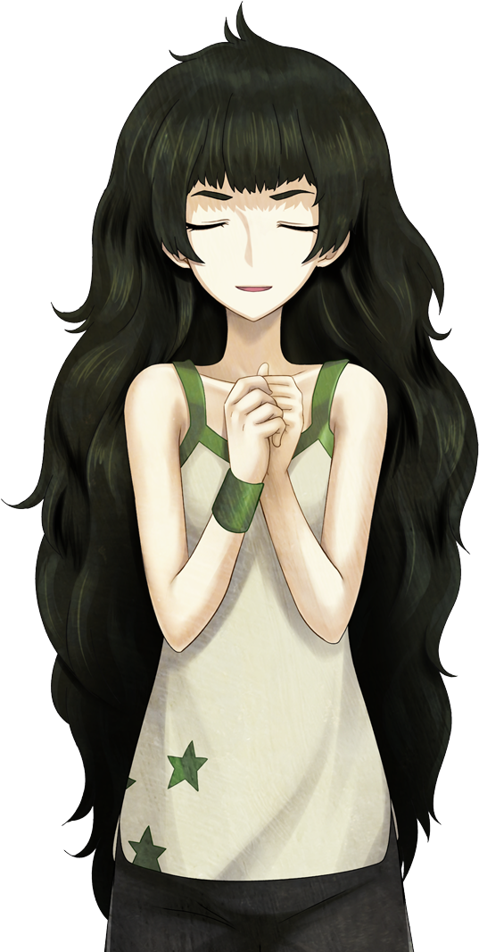 1girl armband bare_shoulders black_shorts blunt_bangs closed_eyes collar collarbone facing_viewer flat_chest game_cg green_armband green_collar green_hair green_trim hiyajou_maho huke large_variant_set long_hair messy_hair non-web_source official_art open_mouth own_hands_together science_adventure shorts smile solo sprite star_(symbol) star_print steins;gate steins;gate_0 striped_clothes striped_shorts tank_top transparent_background variant_set very_long_hair