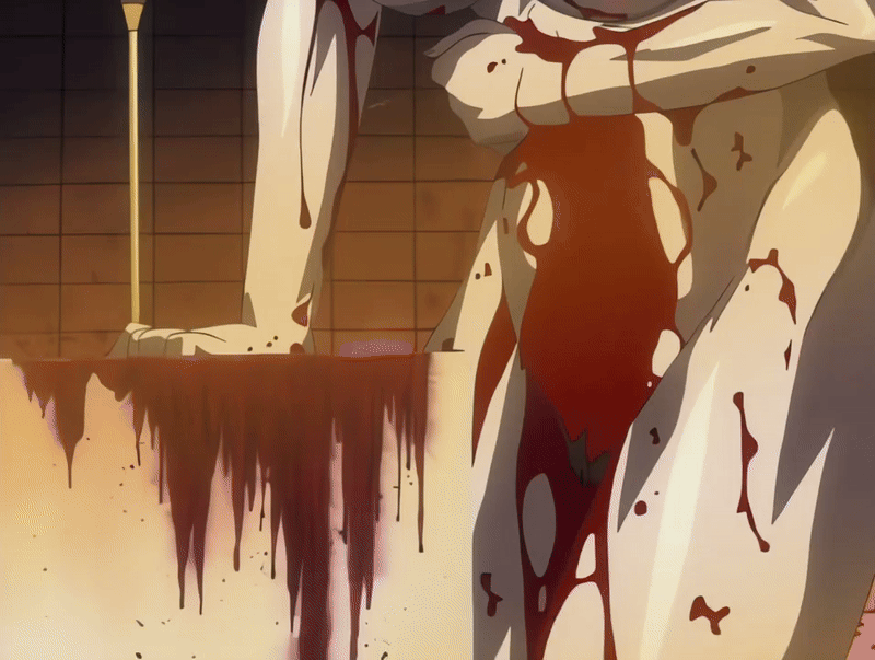 00s 1girl 2002 animated animated_gif bible_black bible_black_gaiden bleeding blonde_hair blood blood_on_body blood_on_face blue_eyes breasts candlestand collarbone female_focus holding_stomach kitami_reika large_breasts nipples nude one_eye_closed ritual short_hair solo struggling tagme tears