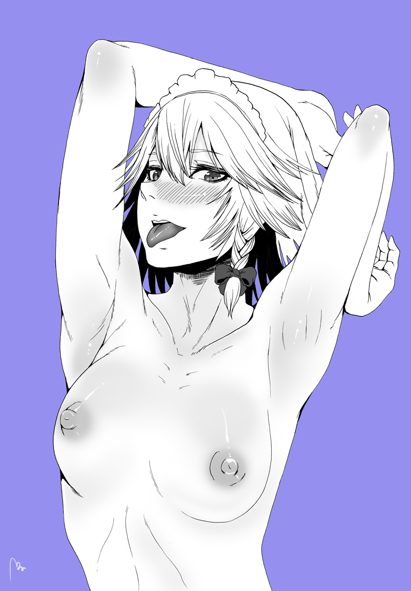 1girl armpits arms_behind_head arms_up blush bow braid breasts commentary_request greyscale_with_colored_background hair_bow hane_(azelye) izayoi_sakuya looking_at_viewer maid_headdress medium_breasts nipples nude open_mouth purple_background short_hair simple_background solo tongue tongue_out touhou twin_braids upper_body
