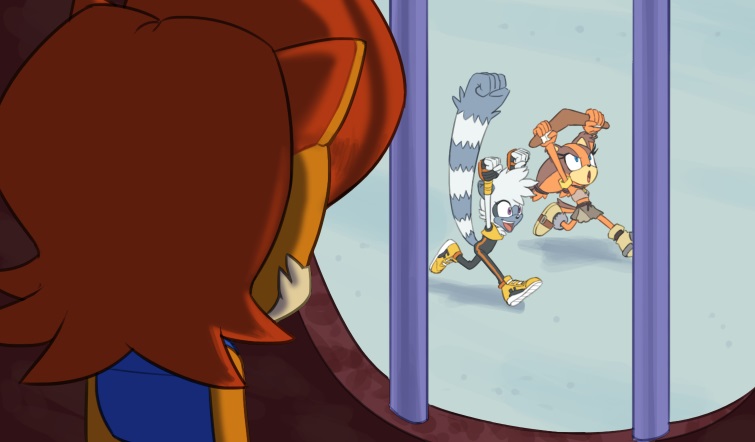 boomerang celebration grey_fur idw_publishing jacket long_tails orange_fur pants red_hair running sally_acorn sega shoes short_hair skirt sonic_(series) sonic_boom_(series) sonic_the_hedgehog_(archie_comics) sonic_the_hedgehog_(idw) squidward_looking_out_the_window_(meme) sticks_the_badger strapless tangle_the_lemur tight_clothes tight_pants tomboy tube_top vest window