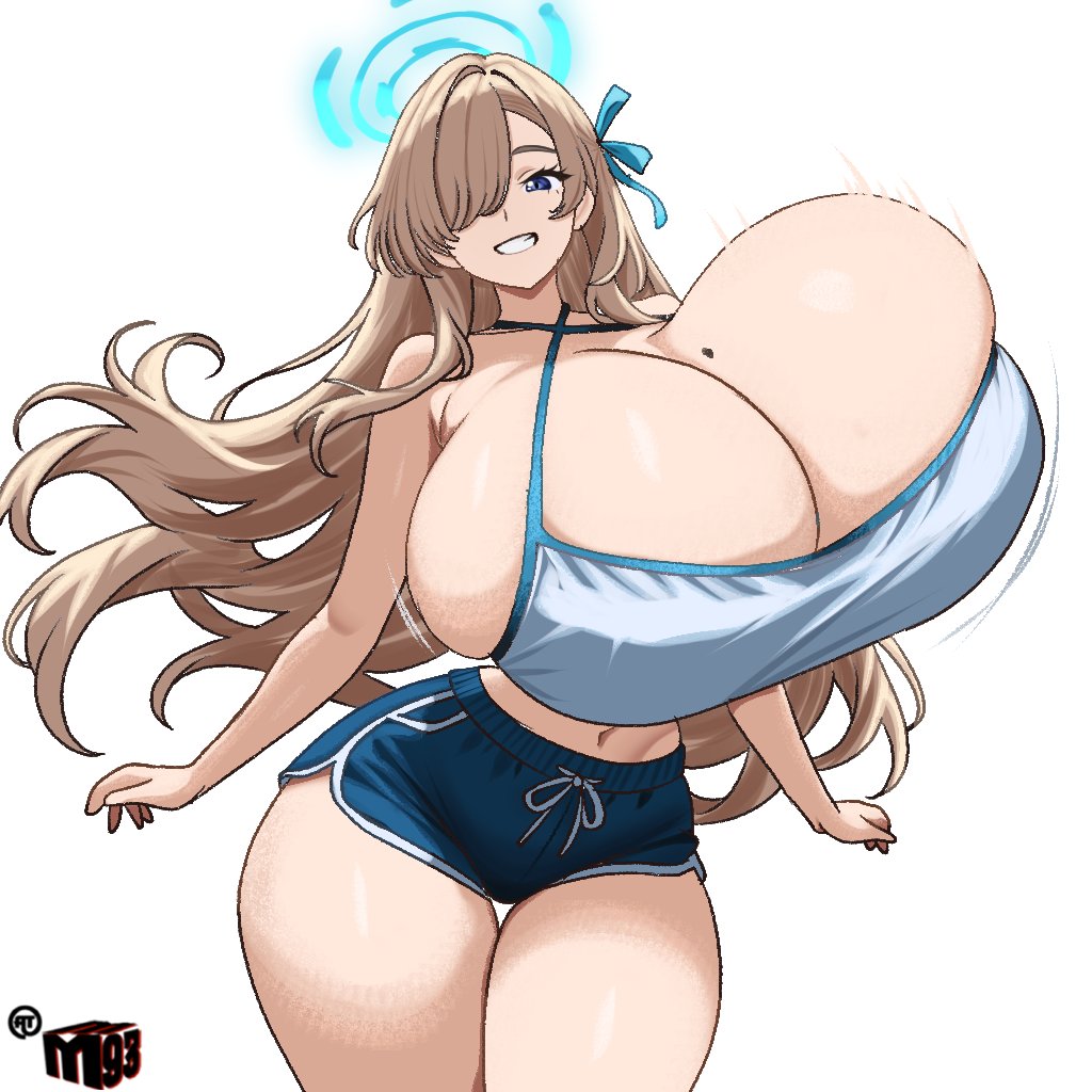 1girl alternate_breast_size_(larger) asuna_(blue_archive) bare_shoulders blonde_hair blue_archive blue_eyes blue_halo blue_shorts breasts cleavage criss-cross_halter gigantic_breasts grin hair_over_one_eye hair_ribbon halo halterneck jaggy_lines long_hair looking_at_viewer mewmaster93 mole mole_on_breast navel ribbon shirt shorts smile solo thick_thighs thighs very_long_hair white_shirt