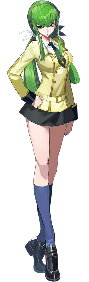 1girl ashford_academy_school_uniform black_shoes c.c. code_geass code_geass:_genesic_re;code full_body green_hair jacket long_hair official_art school_uniform shoes simple_background skirt solo standing transparent_background yellow_eyes yellow_jacket