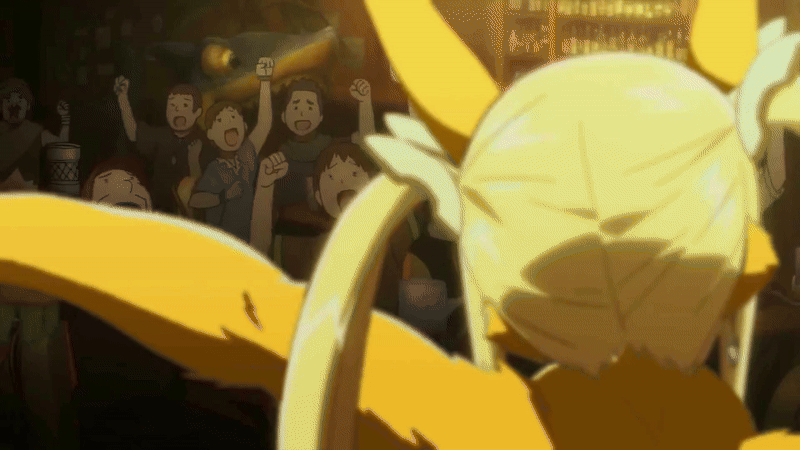 1girl 6+boys animated animated_gif anime_screenshot blonde_hair bouncing_breasts breasts fairy_tail fairy_tail:_dragon_cry fox fox_girl furry furry_female huge_breasts lucy_heartfilia mainkore multiple_boys third-party_edit transformation twintails