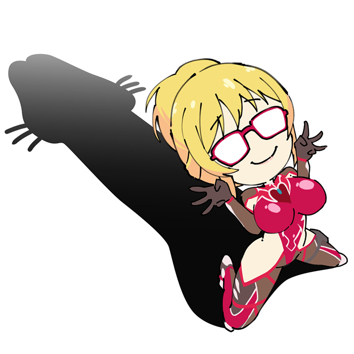 1girl blonde_hair blush bodysuit breasts cat_shadow_puppet_(meme) chibi full_body glasses gloves green_eyes hair_bun kneeling kosaka_shizuru large_breasts leotard long_hair looking_ahead looking_up meme penis_shadow pun red_leotard smile solo standing taimanin_(series) taimanin_rpgx taimanin_yukikaze taimanun w what