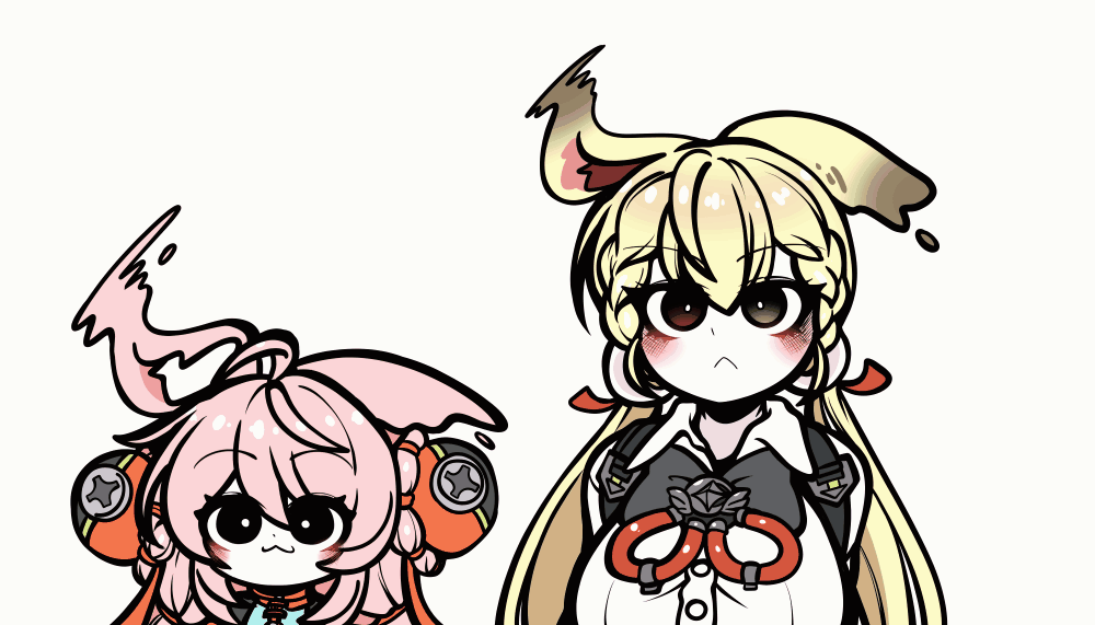 2girls ahoge alice_thymefield animal_ears animated animated_gif black_eyes blonde_hair blush braid braided_twintails breasts bright_pupils brown_eyes chest_bow closed_mouth commentary_request furry furry_female hair_ornament heterochromia jewelry korean_commentary large_breasts long_hair looking_at_viewer low_twintails medallion motion_lines multiple_girls pink_fur pink_hair rabbit_ears rabbit_girl screw shirt simple_background sphere_hair_ornament twintails uncolorcube upper_body white_background white_pupils white_shirt zenless_zone_zero zhao_(zenless_zone_zero)