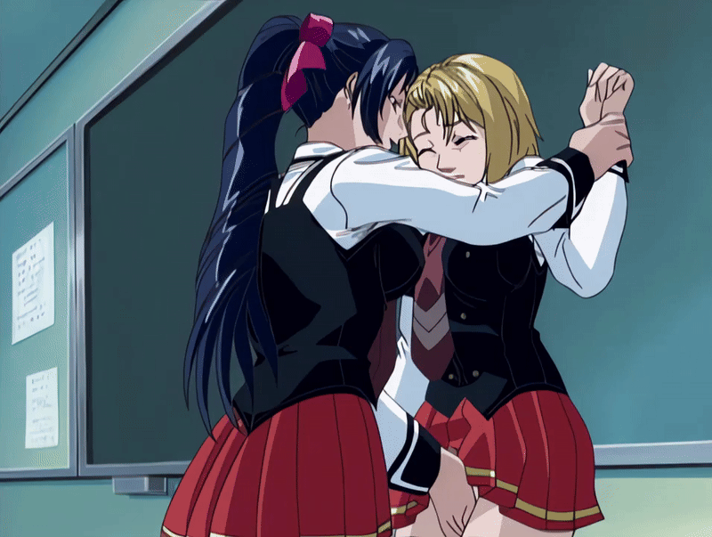 00s 2002 2girls against_wall animated animated_gif bible_black bible_black_gaiden black_board black_thighhighs blonde_hair chalkboard classroom closed_eyes clothes_lift drill_hair drill_ponytail fingering forced hair_ribbon kitami_reika kozono_nami legs lipstick makeup multiple_girls necktie ponytail purple_hair red_skirt ribbon school school_uniform short_hair skirt skirt_lift suspenders tagme thighhighs yuri