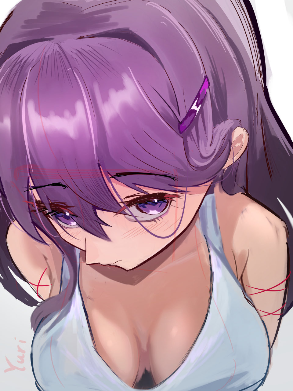 1girl bra breasts character_name cleavage commentary_request doki_doki_literature_club from_above hair_between_eyes highres long_hair looking_at_viewer perspective purple_eyes purple_hair sketch solo underwear upper_body yame_pi yuri_(doki_doki_literature_club)