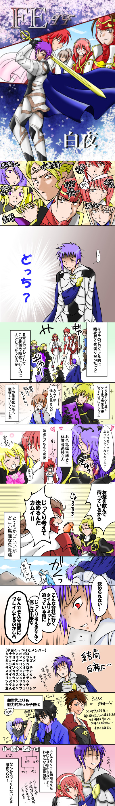 absurdres asugi_(fire_emblem) atyacastle azura_(fire_emblem) black_hair blonde_hair blue_hair brown_hair camilla_(fire_emblem) closed_eyes comic cup dragon_boy dwyer_(fire_emblem) fire_emblem fire_emblem_fates grey_hair heart highres hinoka_(fire_emblem) male_corrin_(fire_emblem) multicolored_hair nintendo orange_eyes pink_eyes pink_hair pointy_ears purple_eyes purple_hair red_eyes ryoma_(fire_emblem) sakura_(fire_emblem) shiro_(fire_emblem) sweat sword takumi_(fire_emblem) teacup tiara two-tone_hair weapon yato_(fire_emblem) yellow_eyes