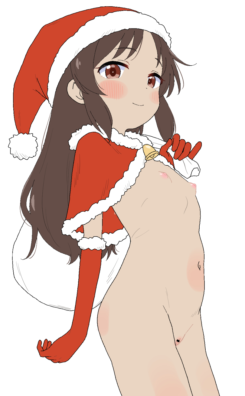 1girl bar_censor bell blush breasts brown_eyes brown_hair capelet censored christmas fur-trimmed_capelet fur-trimmed_gloves fur-trimmed_headwear fur_trim gloves groin hat holding holding_sack idolmaster idolmaster_cinderella_girls idolmaster_cinderella_girls_u149 loli long_hair long_sidelocks looking_at_viewer navel nipples pussy red_capelet red_gloves red_hat sack santa_cape santa_costume santa_hat sidelocks simple_background small_breasts smile solo tachibana_arisu takku white_background
