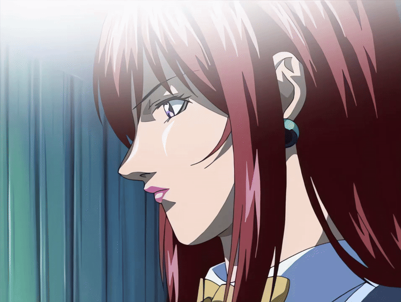 00s 1girl 2002 animated animated_gif bedroom bible_black bible_black_night_of_the_walpulgiss book bow curtains earrings jewelry lipstick long_hair makeup mature_female purple_eyes red_hair red_lips shirt solo tagme takashiro_hiroko teacher white_shirt yellow_bow