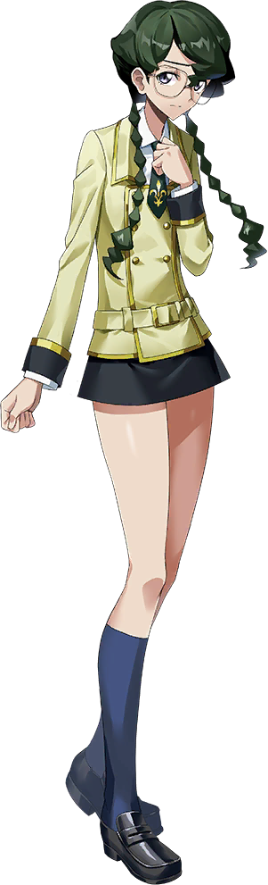 1girl arms_at_sides belt braid buttons closed_mouth code_geass code_geass:_genesic_re;code collared_shirt double-breasted drop_shadow full_body glasses green_hair green_necktie grey_eyes jacket logo long_hair long_sleeves looking_at_viewer necktie nina_einstein official_art rimless_eyewear school_uniform shirt solo standing twin_braids twintails upper_body white_shirt yellow_background yellow_jacket
