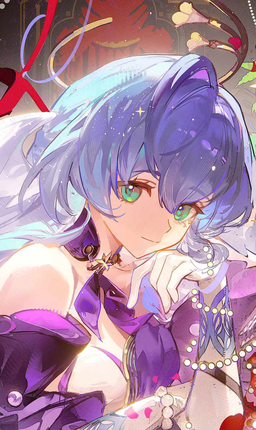 1girl bare_shoulders blue_hair bracelet closed_mouth detached_sleeves dress face_jewel gloves green_eyes hair_between_eyes halo hand_up head_wings highres honkai:_star_rail honkai_(series) jewel_under_eye jewelry long_hair looking_at_viewer moehikaru purple_dress robin_(honkai:_star_rail) short_sleeves smile solo two-tone_dress upper_body white_dress white_gloves white_wings wings