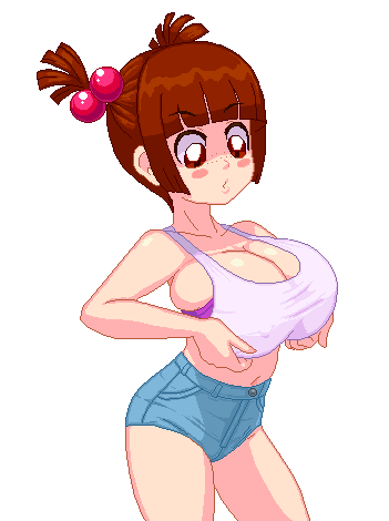 1girl :3 air-strip_angel animated bare_shoulders blair_(air-strip_angel) blinking blunt_bangs blush_stickers bouncing_breasts bra breasts bursting_breasts cleavage closed_eyes clothes_lift collarbone covered_erect_nipples denim denim_shorts female_focus flashing freckles grin hair_bobbles hair_ornament huge_breasts jumping lifting_own_clothes looking_at_viewer looking_down looping_animation nipples oppai_loli pixel_art purple_bra red_eyes red_hair shiny_skin shirt_lift short_hair short_shorts short_twintails shorts smile solo sprite standing tank_top tim-buktu transparent_background twintails undersized_breast_cup undersized_clothes underwear undressing