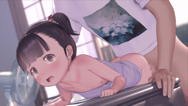 1boy 1girl 3d age_difference all_fours animated animated_gif arm_support bent_over black_hair blush bottomless brown_eyes butt_crack closed_eyes clothed_sex collarbone crying crying_with_eyes_open custom_udon dot_nose electric_fan flat_chest half-closed_eyes hetero indoors kneeling leaning_forward loli looping_animation nipples no_bra no_panties off_shoulder on_table one_breast_out open_mouth original print_shirt purple_skirt sex sex_from_behind shirt short_hair size_difference skirt sleeveless sleeveless_shirt solo_focus table tears two_side_up vaginal white_shirt